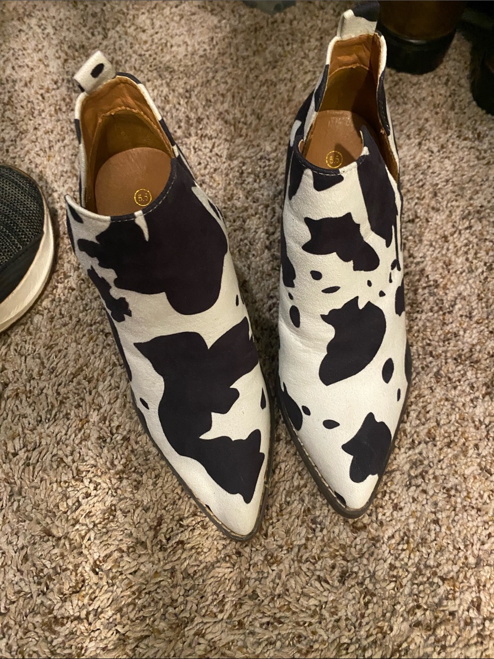Cow-Print Pointed-Toe Ankle Boots - Black & White